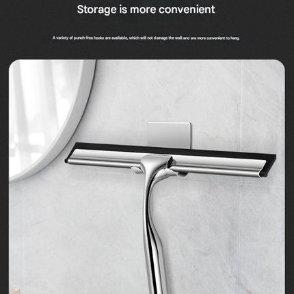 Silver Premium Stainless Steel Shower Squeegee with Adhesive Hook Holder - Streak-Free Blade for Glass Doors, Windows & Mirrors.