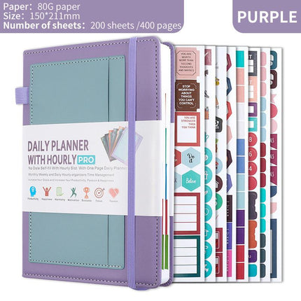 Purple A5 PU Leather Agenda for Productivity & Time Management-Undated Daily & Hourly Planner Pro.