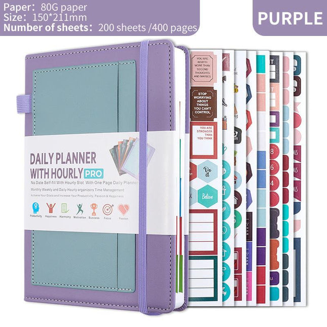 Purple A5 PU Leather Agenda for Productivity & Time Management-Undated Daily & Hourly Planner Pro.