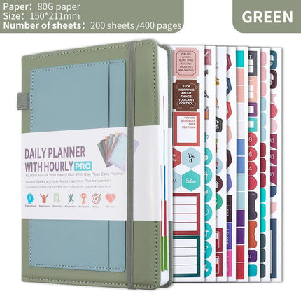 Green A5 PU Leather Agenda for Productivity & Time Management-Undated Daily & Hourly Planner Pro.