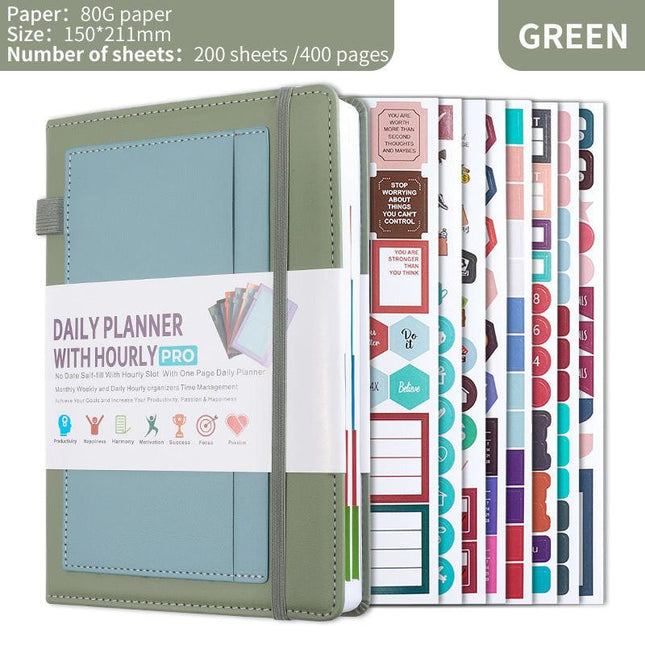 Green A5 PU Leather Agenda for Productivity & Time Management-Undated Daily & Hourly Planner Pro.