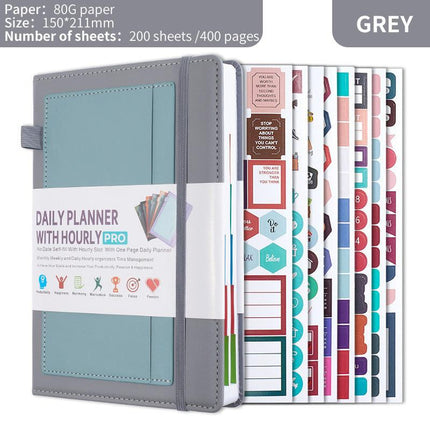 Grey A5 PU Leather Agenda for Productivity & Time Management-Undated Daily & Hourly Planner Pro.