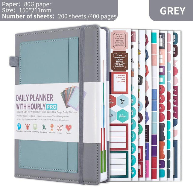 Grey A5 PU Leather Agenda for Productivity & Time Management-Undated Daily & Hourly Planner Pro.