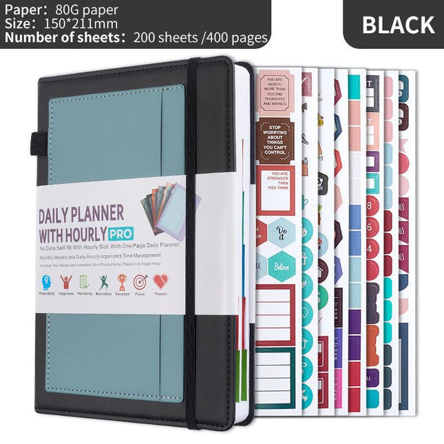 Black A5 PU Leather Agenda for Productivity & Time Management-Undated Daily & Hourly Planner Pro.