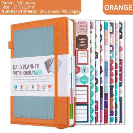 Orange A5 PU Leather Agenda for Productivity & Time Management-Undated Daily & Hourly Planner Pro.