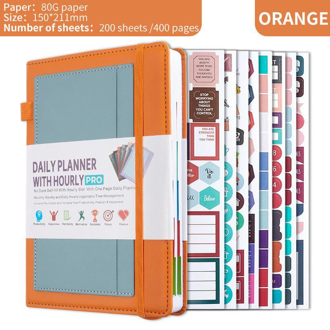 Orange A5 PU Leather Agenda for Productivity & Time Management-Undated Daily & Hourly Planner Pro.