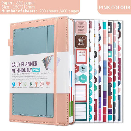 Pink A5 PU Leather Agenda for Productivity & Time Management-Undated Daily & Hourly Planner Pro.