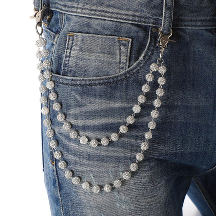 Silver and White Bling Rhinestone Beaded Wallet Chain - Double Layer Hip Hop Trouser Chain Jean Accessory(60g）.