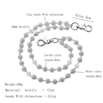 Silver and White Bling Rhinestone Beaded Wallet Chain - Double Layer Hip Hop Trouser Chain Jean Accessory(60g）.