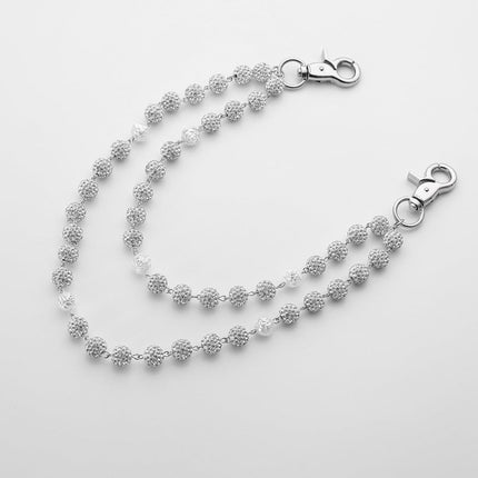 Silver and White Bling Rhinestone Beaded Wallet Chain - Double Layer Hip Hop Trouser Chain Jean Accessory(60g）.