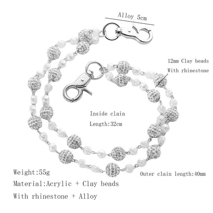 Silver and White Bling Rhinestone Beaded Wallet Chain - Double Layer Hip Hop Trouser Chain Jean Accessory(55g）.