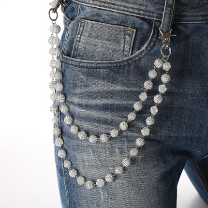 Silver and White Bling Rhinestone Beaded Wallet Chain - Double Layer Hip Hop Trouser Chain Jean Accessory(72g）.