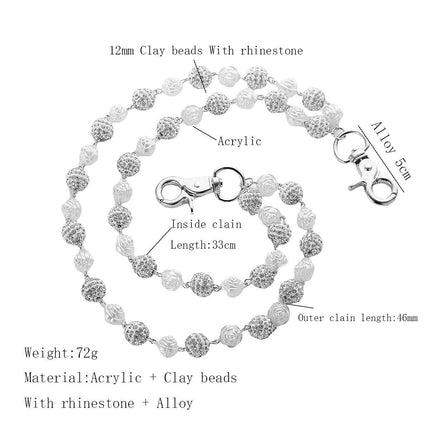Silver and White Bling Rhinestone Beaded Wallet Chain - Double Layer Hip Hop Trouser Chain Jean Accessory(72g）.
