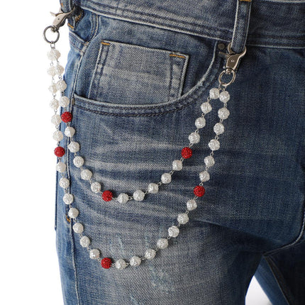 Red and White Bling Rhinestone Beaded Wallet Chain - Double Layer Hip Hop Trouser Chain Jean Accessory(45g）.