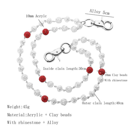 Red and White Bling Rhinestone Beaded Wallet Chain - Double Layer Hip Hop Trouser Chain Jean Accessory(45g）.