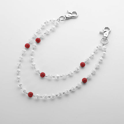 Red and White Bling Rhinestone Beaded Wallet Chain - Double Layer Hip Hop Trouser Chain Jean Accessory(45g）.