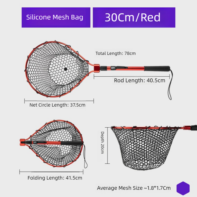 Red High Strength Large Landing Net - Fishing Net with Foldable Handle and Soft Rubber Netting, Dip Net for Fishing, Ideal for Boat, Pier, River Angling.
