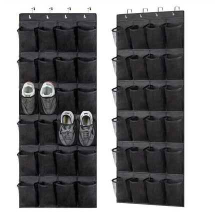 Black Over the Door Shoe Organizer with 24 Mesh Pockets - Space Saving Hanging Storage for Shoes, Accessories, Pantry.