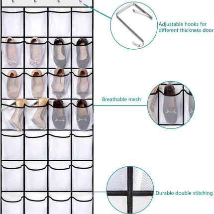 Black Over the Door Shoe Organizer with 24 Mesh Pockets - Space Saving Hanging Storage for Shoes, Accessories, Pantry.