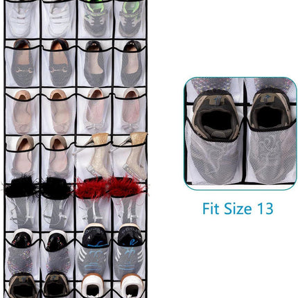 Black Over the Door Shoe Organizer with 24 Mesh Pockets - Space Saving Hanging Storage for Shoes, Accessories, Pantry.