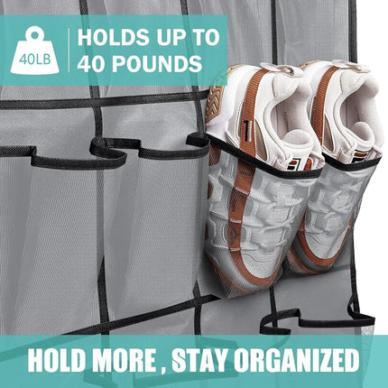 Black Over the Door Shoe Organizer with 24 Mesh Pockets - Space Saving Hanging Storage for Shoes, Accessories, Pantry.