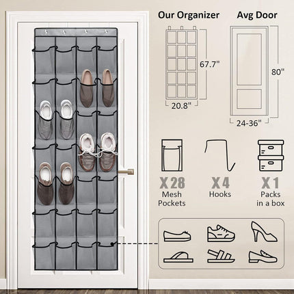 Black Over the Door Shoe Organizer with 24 Mesh Pockets - Space Saving Hanging Storage for Shoes, Accessories, Pantry.