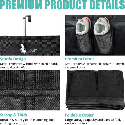 Black Over the Door Shoe Organizer with 24 Mesh Pockets - Space Saving Hanging Storage for Shoes, Accessories, Pantry.