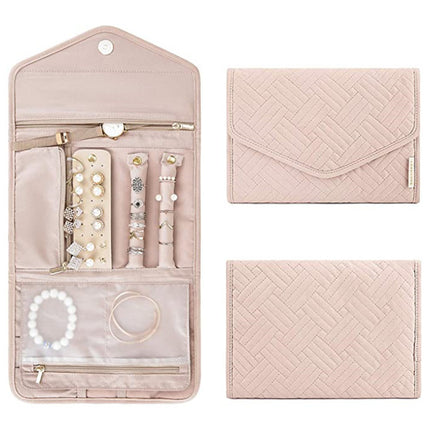 Pink Portable Jewelry Roll Bag Travel Organiser High-End Delicate Accessories Necklace Earring Ring Storage(Jewelry is not included).