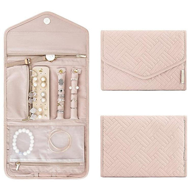 Pink Portable Jewelry Roll Bag Travel Organiser High-End Delicate Accessories Necklace Earring Ring Storage(Jewelry is not included).