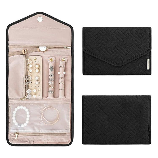 Black Portable Jewelry Roll Bag Travel Organiser High-End Delicate Accessories Necklace Earring Ring Storage(Jewelry is not included).