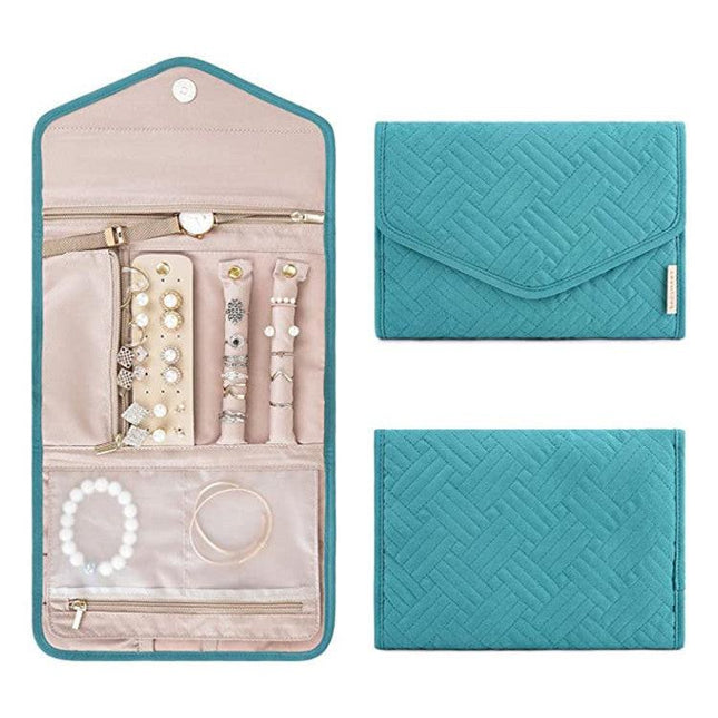 Blue Portable Jewelry Roll Bag Travel Organiser High-End Delicate Accessories Necklace Earring Ring Storage(Jewelry is not included).