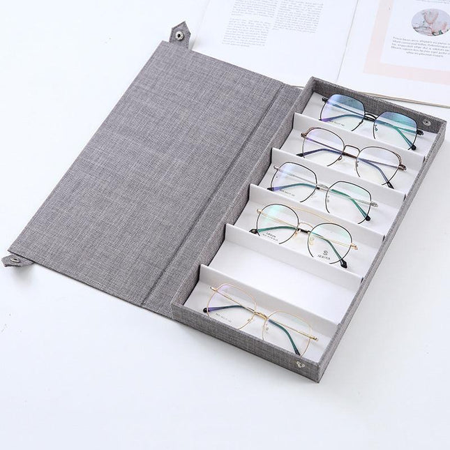 Grey Multi-Compartment Glasses Storage Box Dust-proof Fabric Eyewear Display Organiser with Snap Closure.