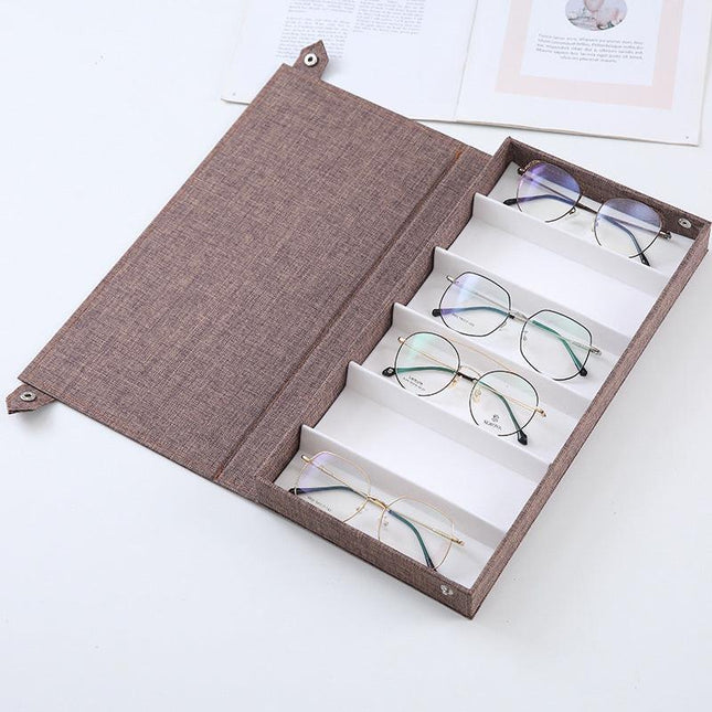 Brown Multi-Compartment Glasses Storage Box Dust-proof Fabric Eyewear Display Organiser with Snap Closure.