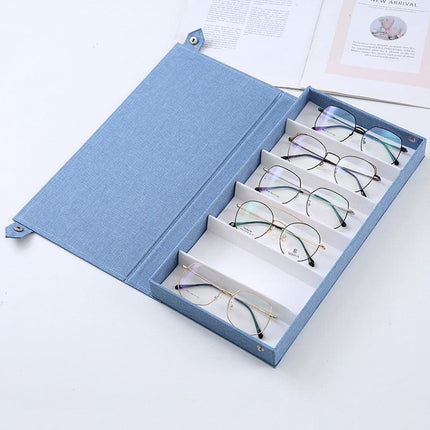 Blue Multi-Compartment Glasses Storage Box Dust-proof Fabric Eyewear Display Organiser with Snap Closure.