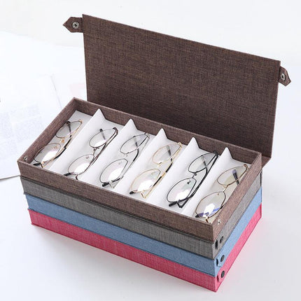 Blue Multi-Compartment Glasses Storage Box Dust-proof Fabric Eyewear Display Organiser with Snap Closure.