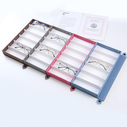 Blue Multi-Compartment Glasses Storage Box Dust-proof Fabric Eyewear Display Organiser with Snap Closure.