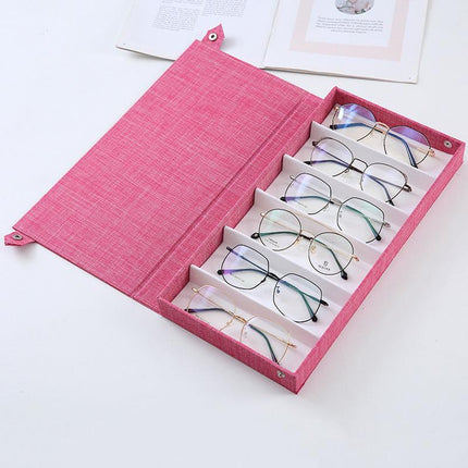 Pink Multi-Compartment Glasses Storage Box Dust-proof Fabric Eyewear Display Organiser with Snap Closure.