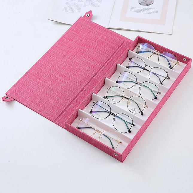 Pink Multi-Compartment Glasses Storage Box Dust-proof Fabric Eyewear Display Organiser with Snap Closure.