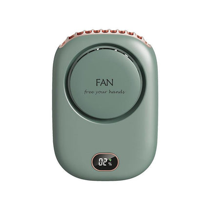 Green Portable Bladeless Neck Fan with Waist Clip & Digital Display USB Rechargeable Mini Fan.