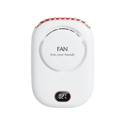 White Portable Bladeless Neck Fan with Waist Clip & Digital Display USB Rechargeable Mini Fan.
