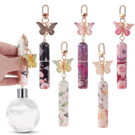 Light Yellow 3 Pcs Portable 5ml Perfume Atomiser Keychain - Refillable Floral Spray Bottle with Butterfly Charm for Travel & Handbag.