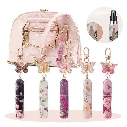 Random Color 3 Pcs Portable 5ml Perfume Atomiser Keychain - Refillable Floral Spray Bottle with Butterfly Charm for Travel & Handbag.