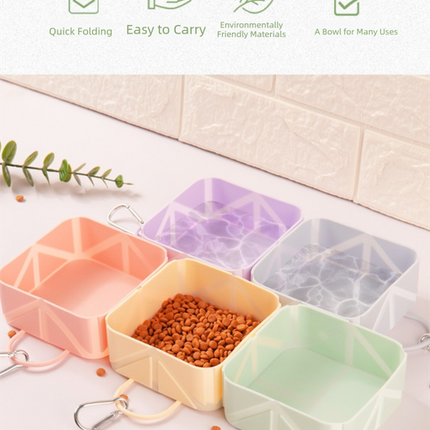 2 Pcs Yellow Portable 500ml Collapsible Square Pet Bowl - Silicone Travel Feeder with Carabiner Clip for Dogs & Cats - Lightweight for Camping & Hiking.