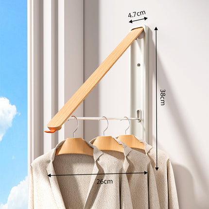 1 Pack White and Brown Wall Mounted Foldable Clothes Hanger Rack - Retractable Space Aluminium Drying Airer for Laundry & Balcony - Screw Mount Hardware Included.