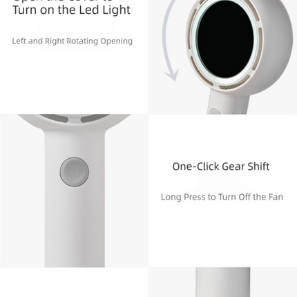 White 2-in-1 Handheld Fan with LED Makeup Mirror - Portable USB Rechargeable Beauty Light Fan with Desktop Base - 3 Speed Quiet Airflow for Travel & Summer.