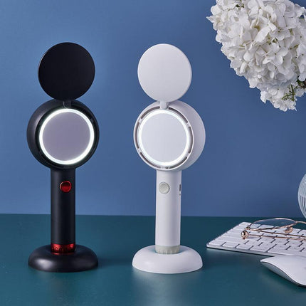 White 2-in-1 Handheld Fan with LED Makeup Mirror - Portable USB Rechargeable Beauty Light Fan with Desktop Base - 3 Speed Quiet Airflow for Travel & Summer.