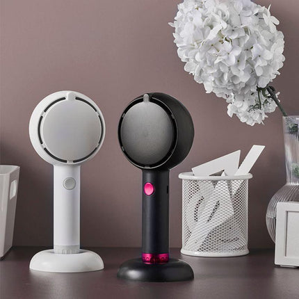 White 2-in-1 Handheld Fan with LED Makeup Mirror - Portable USB Rechargeable Beauty Light Fan with Desktop Base - 3 Speed Quiet Airflow for Travel & Summer.