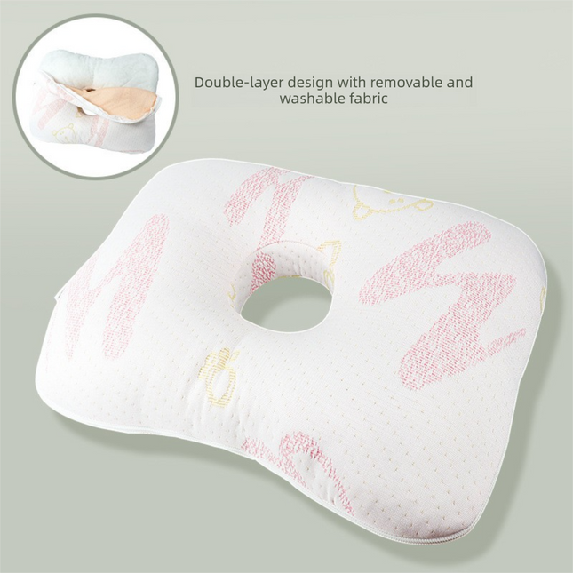 White and Pink Ergonomic Ear Pillow with Hole for Side Sleepers - Pressure Relief Cushion for Ear Pain, Piercings & CNH - Washable Cover.