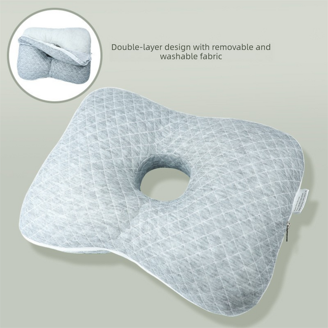 Grey Ergonomic Ear Pillow with Hole for Side Sleepers - Pressure Relief Cushion for Ear Pain, Piercings & CNH - Washable Cover.