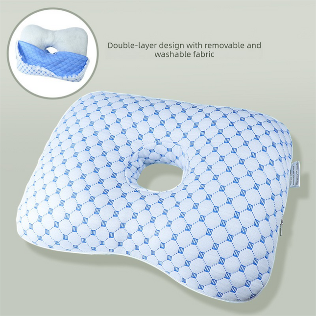 Blue Ergonomic Ear Pillow with Hole for Side Sleepers - Pressure Relief Cushion for Ear Pain, Piercings & CNH - Washable Cover.